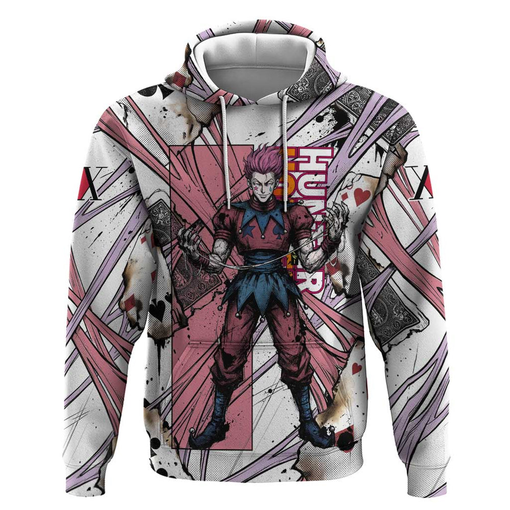 Hisoka Morow Playing Card Theme Hoodie with Magic Aura and Artistic Anime Illustration Hisoka Morow Playing Card Theme Hoodie with Magic Aura and Artistic Anime Illustration