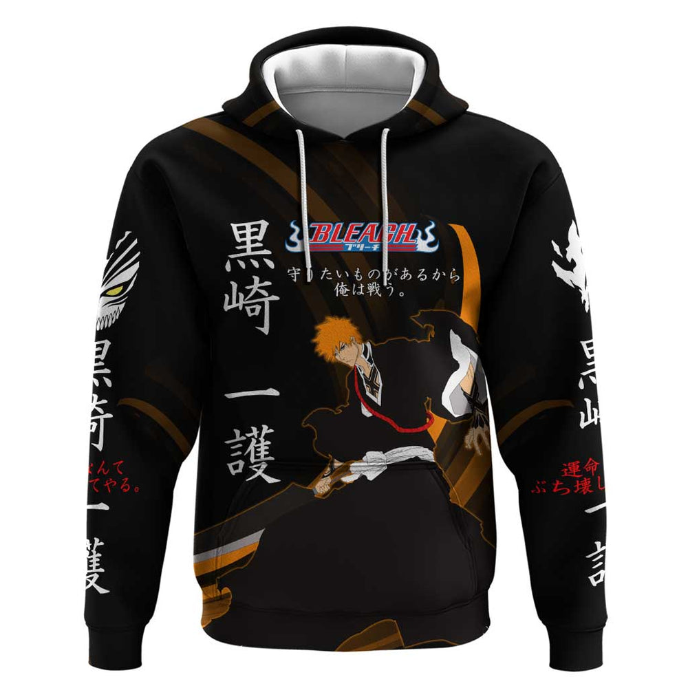 Ichigo Bleach Anime Black and Orange Theme Hoodie with Hollow Mask and Japanese Calligraphy Design Ichigo Bleach Anime Black and Orange Theme Hoodie with Hollow Mask and Japanese Calligraphy Design