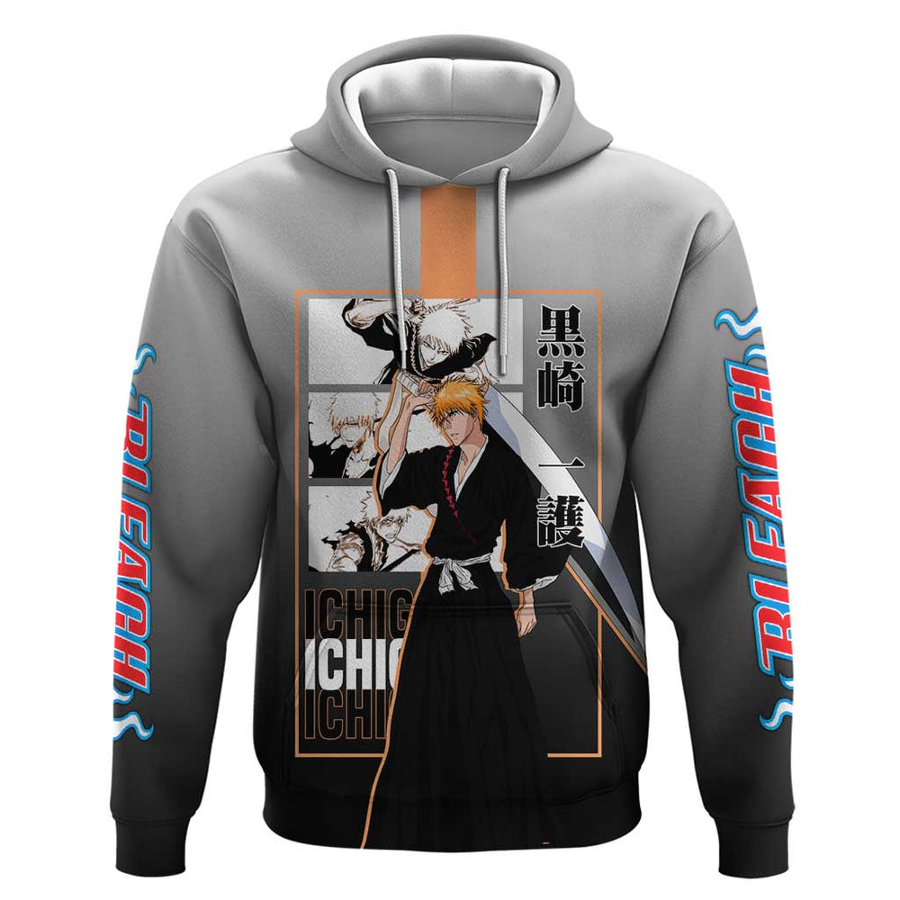Ichigo Kurosaki Bleach Hoodie with Bankai Sword and Intense Battle Pose Design Ichigo Kurosaki Bleach Hoodie with Bankai Sword and Intense Battle Pose Design