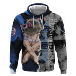 Inosuke Demon Slayer Blue and Black Theme Hoodie with Boar Mask and Manga Collage Action Design