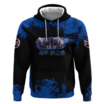 Inosuke Hashibira Demon Slayer Blue Grunge Design Hoodie with Boar Mask and Dual Sword Pose