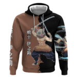 Inosuke Hashibira from Demon Slayer Hoodie with Boar Mask and Dual Swords Battle Pose