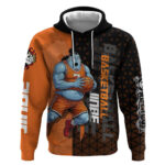 Jinbe One Piece Basketball Theme Orange and Black Design Hoodie with Powerful Pose and Sun Pirates E