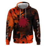 Jinbe One Piece Red and Black Theme Hoodie with Sun Pirates Emblem and Karate Pose Design