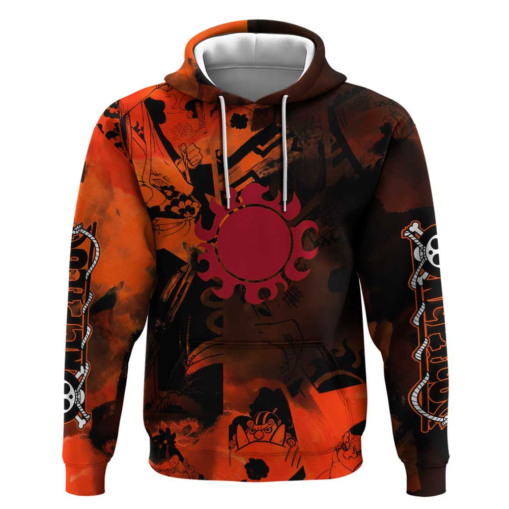 Jinbe One Piece Red and Black Theme Hoodie with Sun Pirates Emblem and Karate Pose Design Jinbe One Piece Red and Black Theme Hoodie with Sun Pirates Emblem and Karate Pose Design