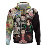 Kamado Siblings Demon Slayer Collage Design Hoodie with Tanjiro and Nezuko in Scenic Background