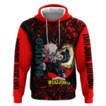 Katsuki Bakugo My Hero Academia Hoodie with Red Black Splatter and Explosive Battle Pose Anime Desig