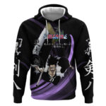 Kenpachi Zaraki Bleach Anime Black and Purple Theme Hoodie with Battle Stance and Japanese Quote Des