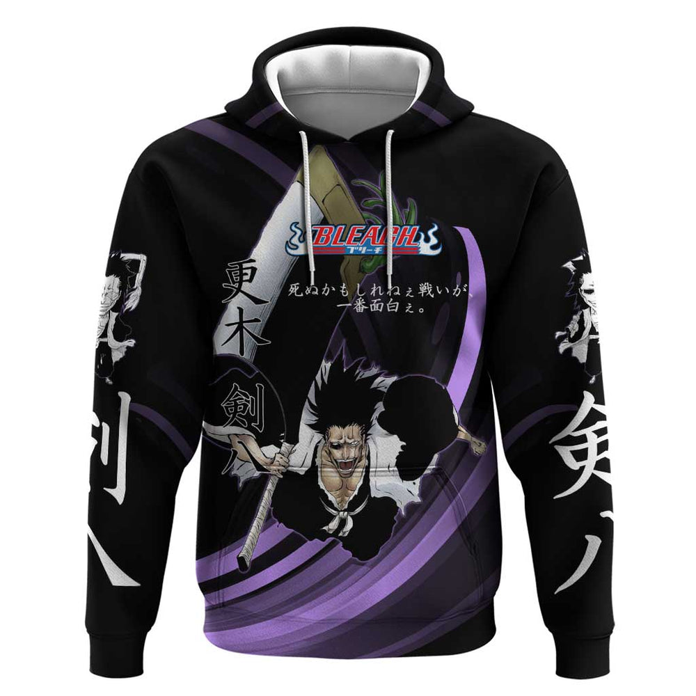 Kenpachi Zaraki Bleach Anime Black and Purple Theme Hoodie with Battle Stance and Japanese Quote Des Kenpachi Zaraki Bleach Anime Black and Purple Theme Hoodie with Battle Stance and Japanese Quote Des
