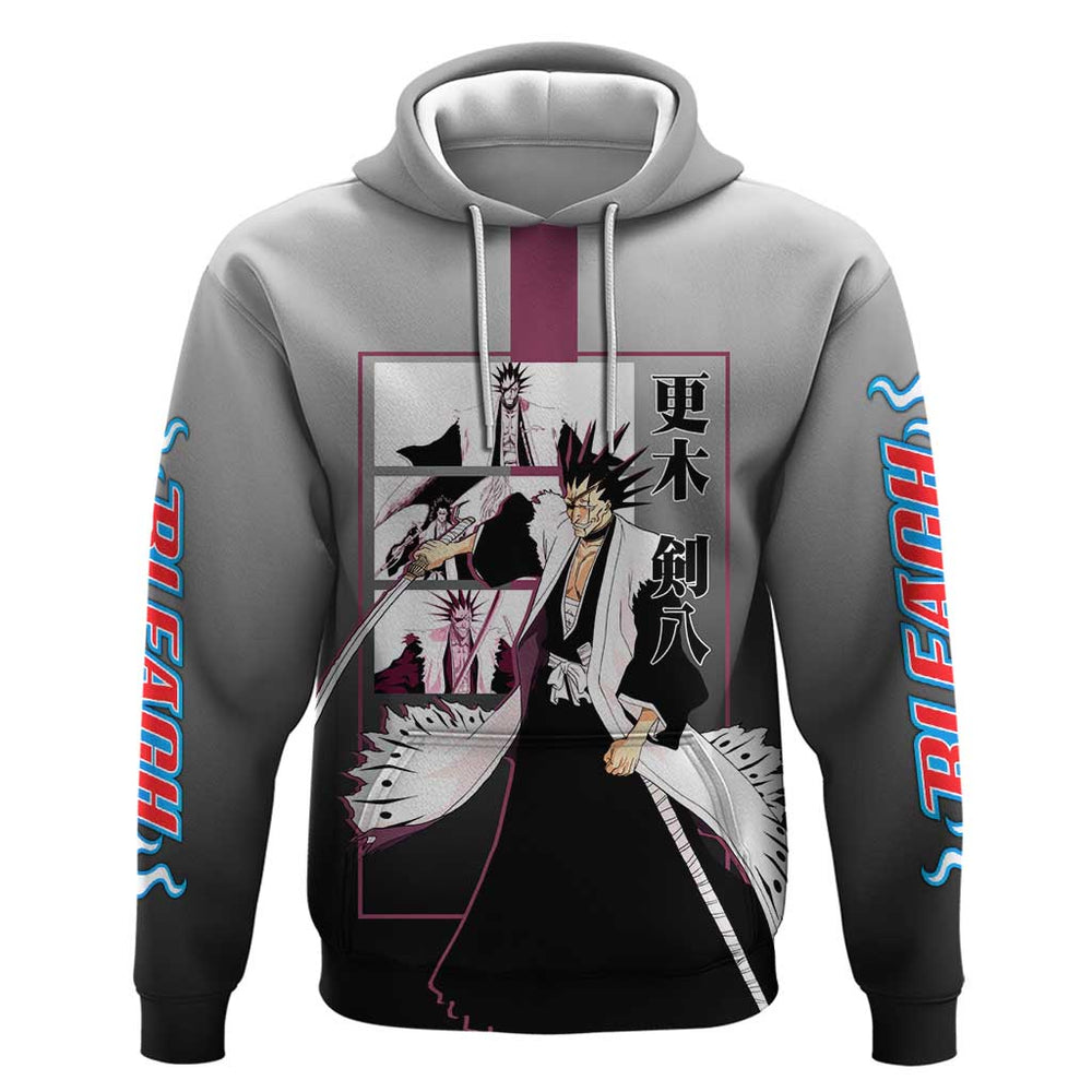 Kenpachi Zaraki Bleach Hoodie with Zanpakuto and Fierce Battle Pose Design Kenpachi Zaraki Bleach Hoodie with Zanpakuto and Fierce Battle Pose Design