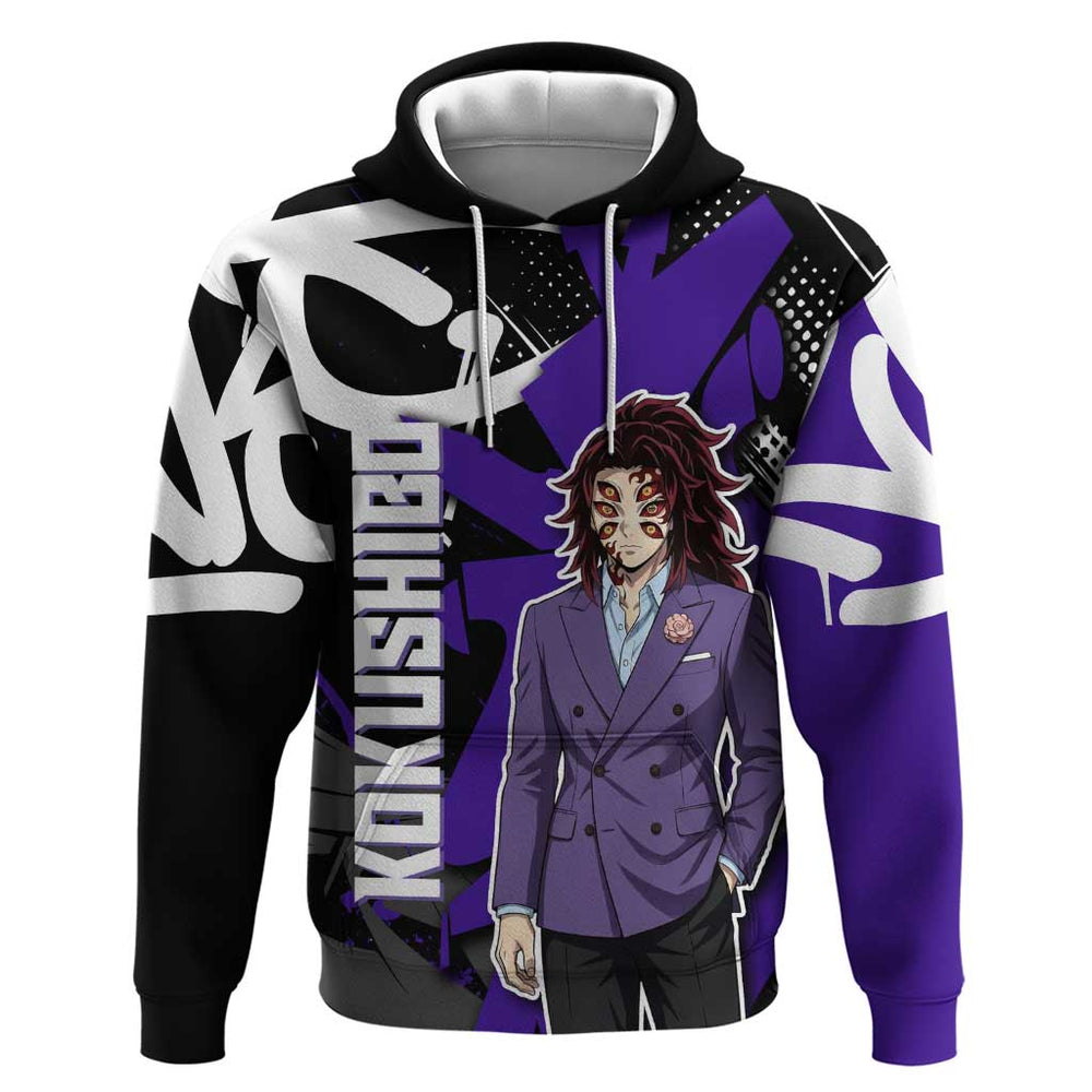 Kokushibo Demon Slayer Hoodie Purple Black Graffiti Anime Kokushibo Demon Slayer Hoodie Purple Black Graffiti Anime