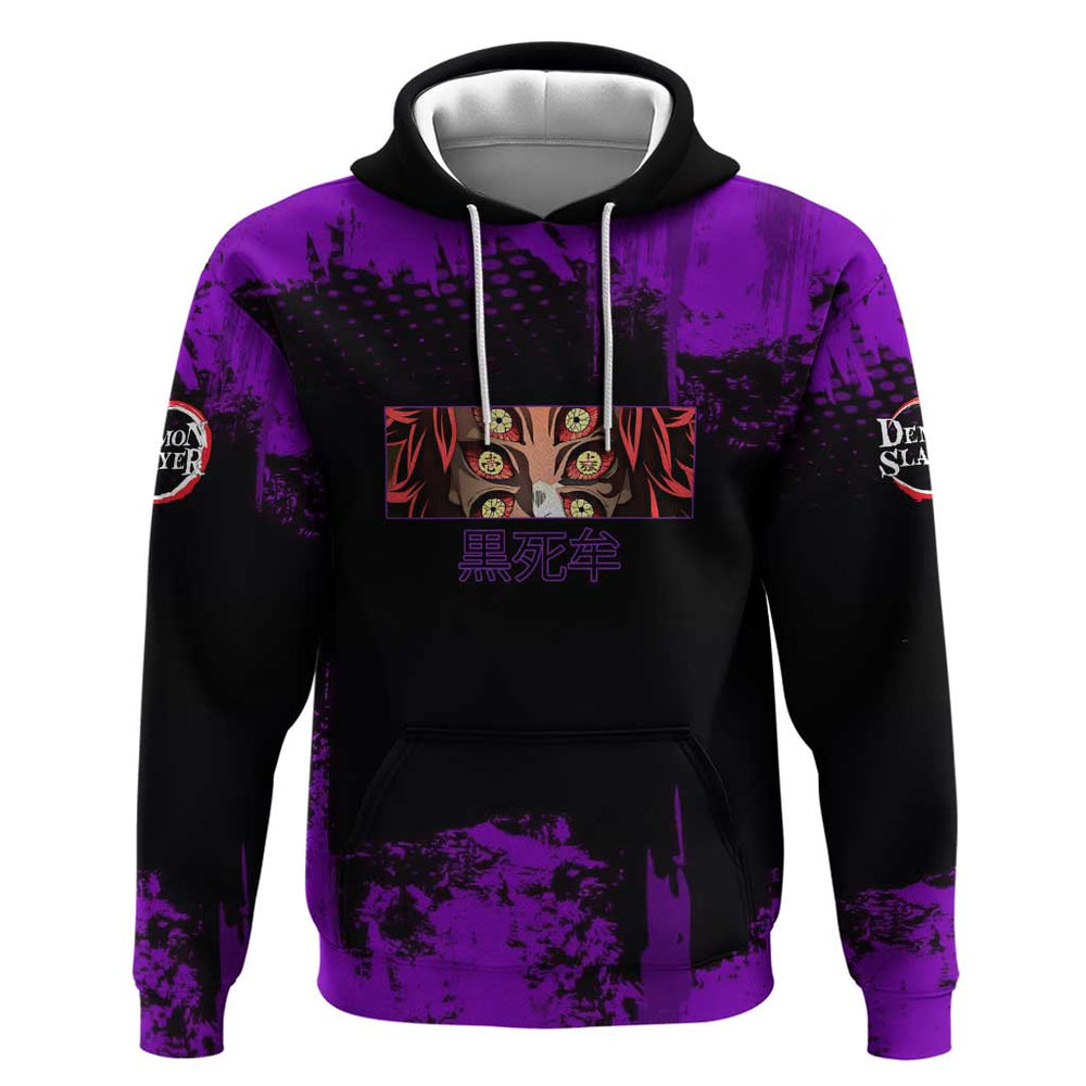 Kokushibo Demon Slayer Purple Grunge Design Hoodie with Six Eyes Detail and Sword Pose Kokushibo Demon Slayer Purple Grunge Design Hoodie with Six Eyes Detail and Sword Pose