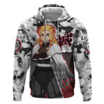 Kyojuro Rengoku Demon Slayer Flame Hashira Design Hoodie with Manga Panels and Fiery Sword Artwork