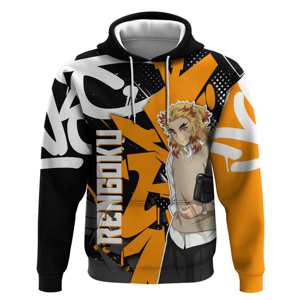 Kyojuro Rengoku Demon Slayer Hoodie Orange Black Graffiti Anime Kyojuro Rengoku Demon Slayer Hoodie Orange Black Graffiti Anime