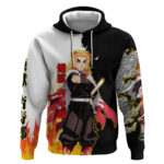 Kyojuro Rengoku from Demon Slayer Hoodie with Black and White Split Design and Fiery Manga Panel Bac