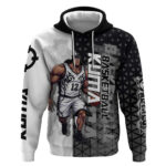 Bartholomew Kuma One Piece Basketball Crossover Design Hoodie with Monochrome Geometric Background a