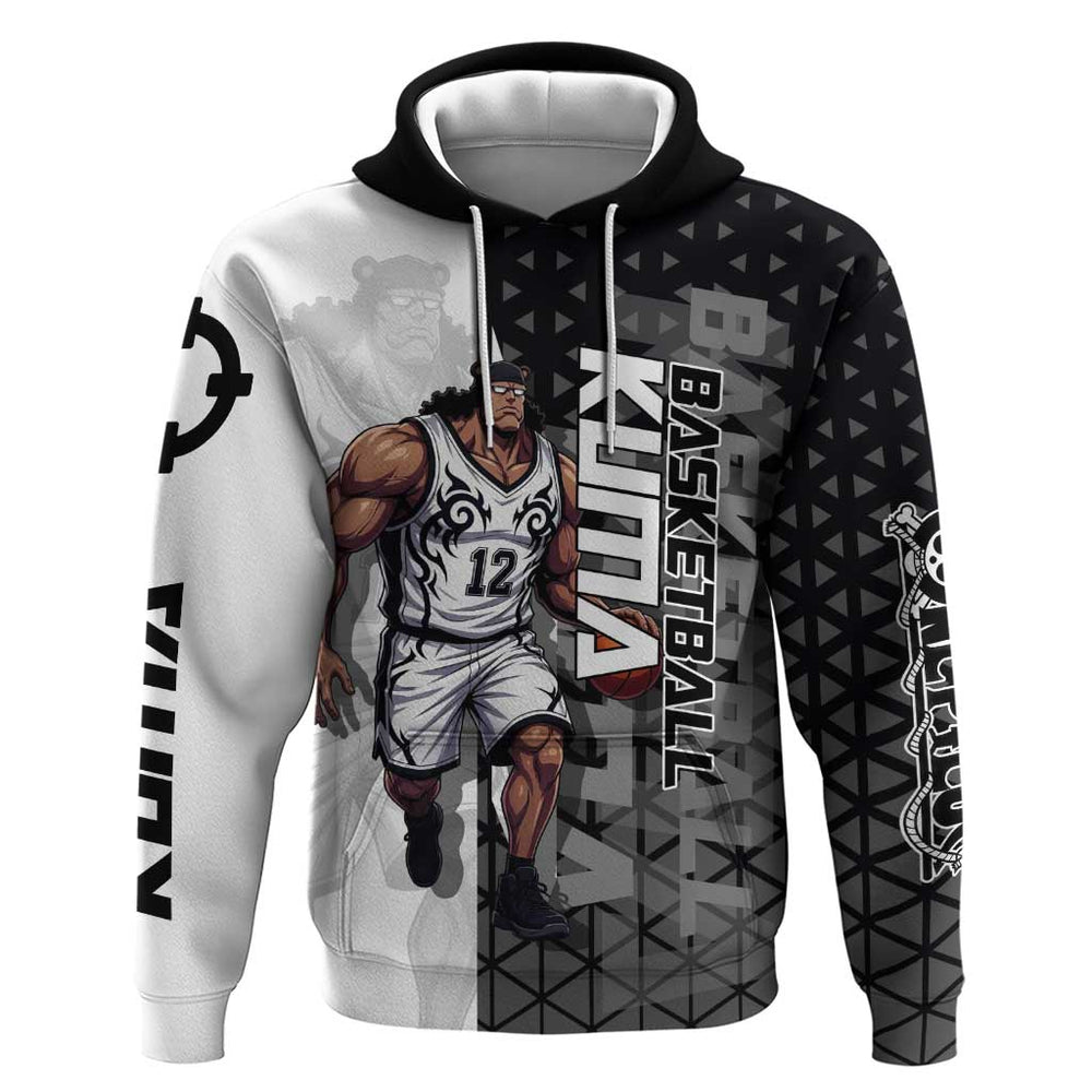 Bartholomew Kuma One Piece Basketball Crossover Design Hoodie with Monochrome Geometric Background a Bartholomew Kuma One Piece Basketball Crossover Design Hoodie with Monochrome Geometric Background a