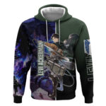 Levi Ackerman from Attack on Titan Hoodie with Dynamic Poses and Green Background Design