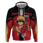 Luffy One Piece Hoodie with Straw Hat and Gear 5 Action Pose Design