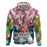 Majin Buu Dragon Ball Summer Theme Hoodie with Floral Shirt Sunglasses Shenron and Ocean Wave Backgr