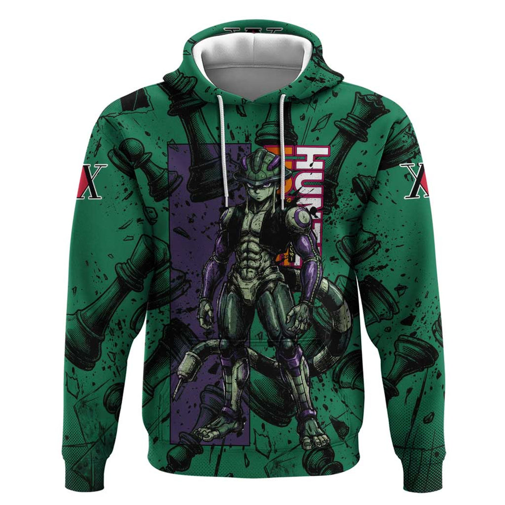 Meruem Chess Theme Hoodie with Dark Aura and Strategic Anime Artwork Design Meruem Chess Theme Hoodie with Dark Aura and Strategic Anime Artwork Design