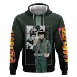 Might Guy Naruto Hoodie with Green Jumpsuit and Energetic Taijutsu Pose Design