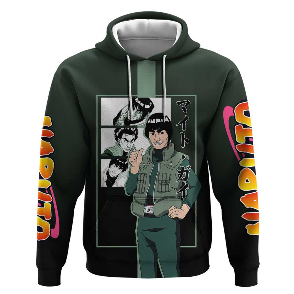 Might Guy Naruto Hoodie with Green Jumpsuit and Energetic Taijutsu Pose Design Might Guy Naruto Hoodie with Green Jumpsuit and Energetic Taijutsu Pose Design