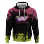 Mitsuri Kanroji Demon Slayer Pink and Green Grunge Design Hoodie with Heart Eyes and Playful Pose