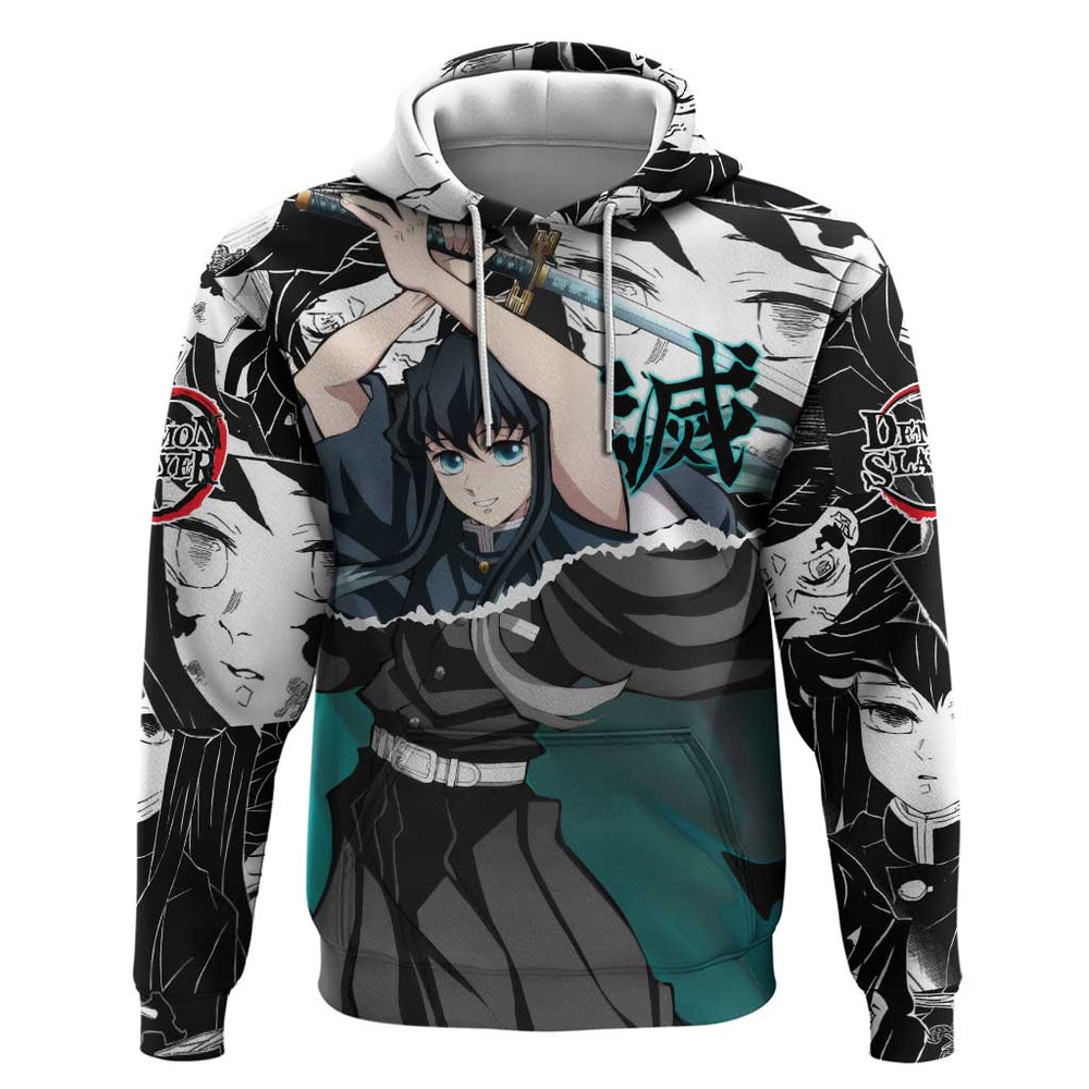 Muichiro Tokito Demon Slayer Mist Hashira Design Hoodie with Manga Panels and Teal Sword Art Muichiro Tokito Demon Slayer Mist Hashira Design Hoodie with Manga Panels and Teal Sword Art