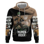 Mumen Rider One Punch Man Anime Brown and Black Hoodie with Bicycle Hero Pose and Inspirational Dete
