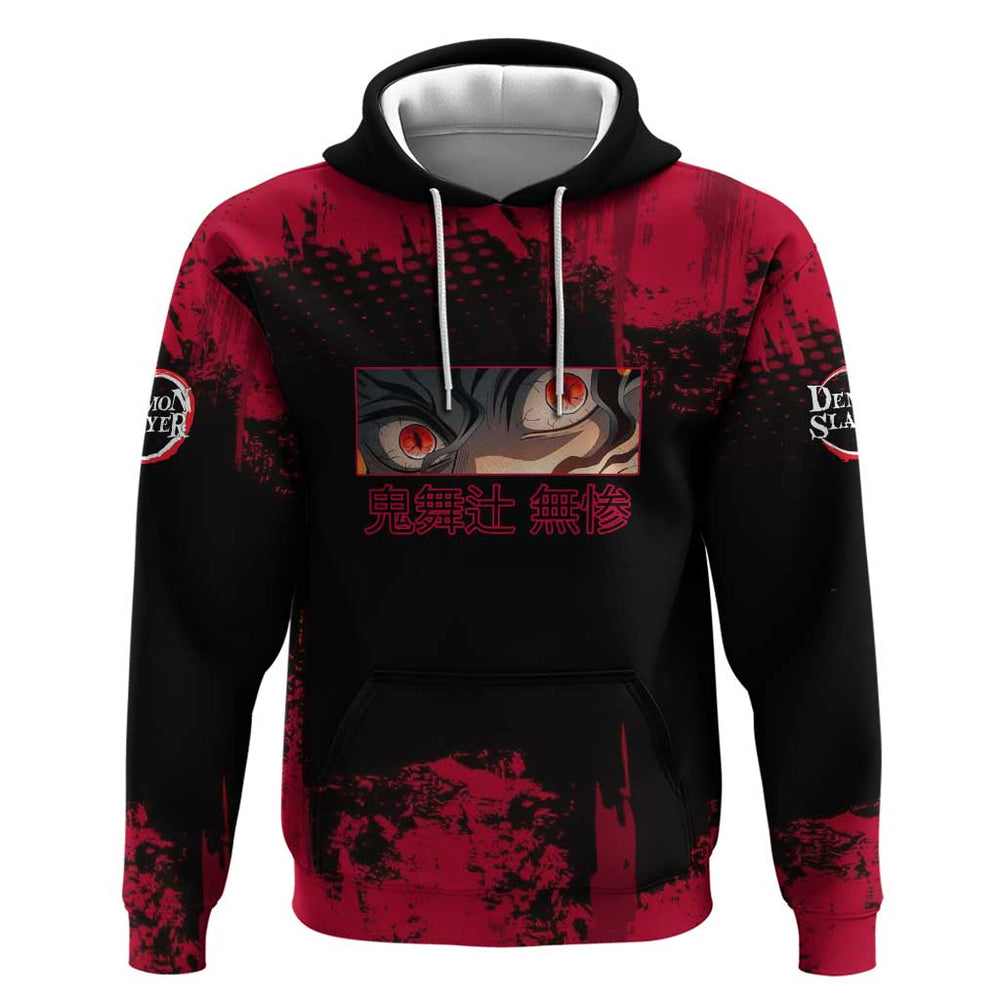 Muzan Kibutsuji Demon Slayer Red Grunge Design Hoodie with Intense Eyes and Hat Outfit Pose Muzan Kibutsuji Demon Slayer Red Grunge Design Hoodie with Intense Eyes and Hat Outfit Pose