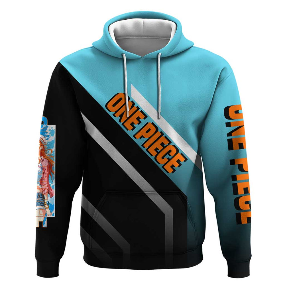 Nami One Piece Hoodie with Weather Staff and Confident Adventure Pose Design Nami One Piece Hoodie with Weather Staff and Confident Adventure Pose Design