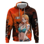 Nami One Piece Orange and Black Theme Hoodie with Navigator Pose and Weather Staff Design