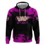Nezuko Kamado Demon Slayer Pink Grunge Design Hoodie with Fierce Eyes and Cute Sitting Pose