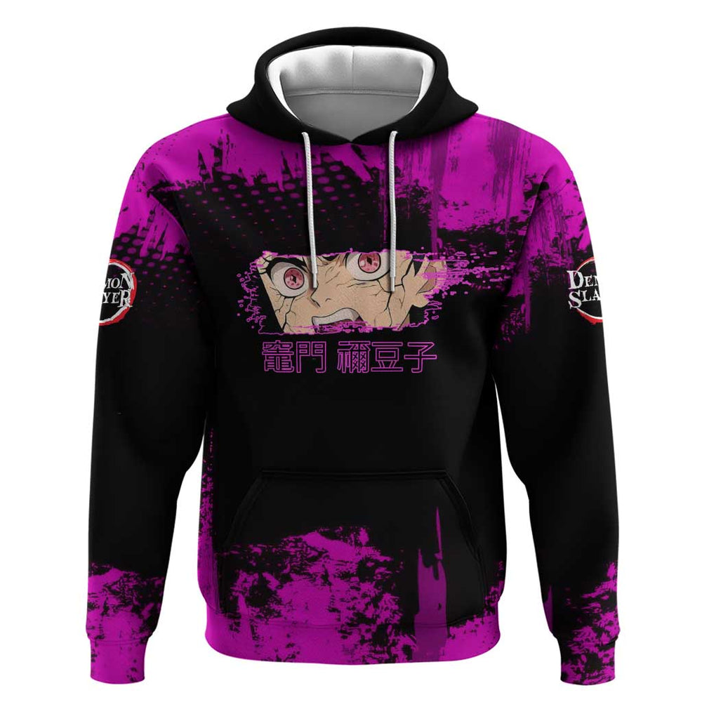 Nezuko Kamado Demon Slayer Pink Grunge Design Hoodie with Fierce Eyes and Cute Sitting Pose Nezuko Kamado Demon Slayer Pink Grunge Design Hoodie with Fierce Eyes and Cute Sitting Pose