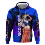Nico Robin One Piece Purple and Blue Theme Hoodie with Floral Cape and Archaeologist Pose Design