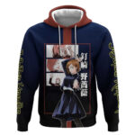 Nobara Kugisaki from Jujutsu Kaisen Hoodie with Dark Blue and Red Background and Multiple Poses Desi