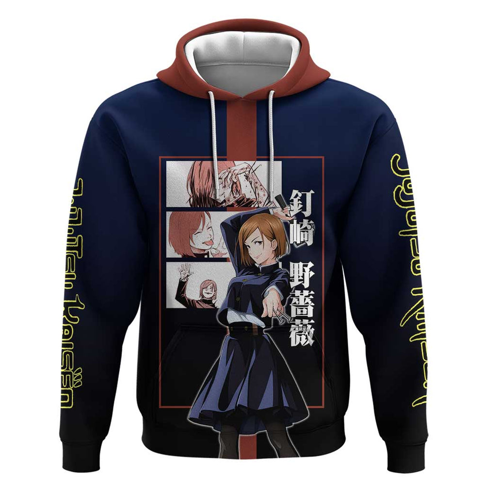 Nobara Kugisaki from Jujutsu Kaisen Hoodie with Dark Blue and Red Background and Multiple Poses Desi Nobara Kugisaki from Jujutsu Kaisen Hoodie with Dark Blue and Red Background and Multiple Poses Desi