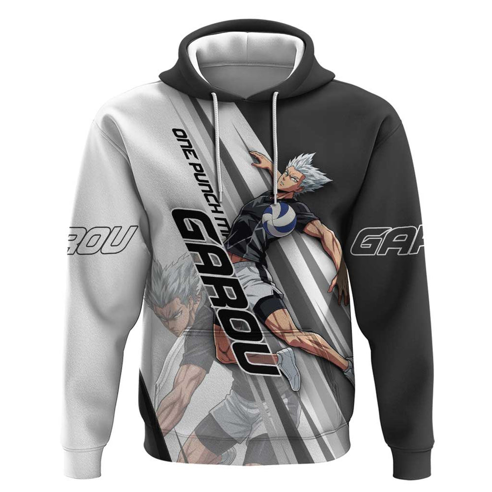 Personalized Garou Volleyball Action Design Hoodie with Monochrome Stripes and Dynamic Pose Personalized Garou Volleyball Action Design Hoodie with Monochrome Stripes and Dynamic Pose
