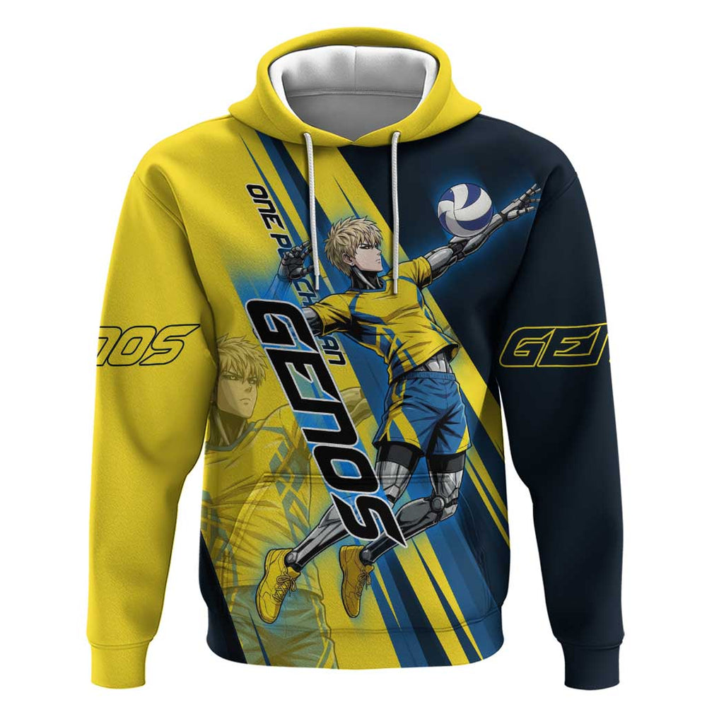 Personalized Genos Volleyball Design Hoodie with Yellow and Blue Athletic Theme and Dynamic Spike Po Personalized Genos Volleyball Design Hoodie with Yellow and Blue Athletic Theme and Dynamic Spike Po