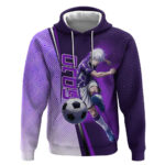 Personalized Gojo Satoru Jujutsu Kaisen Soccer Theme Hoodie with Kicking Pose and Purple Gradient Ge