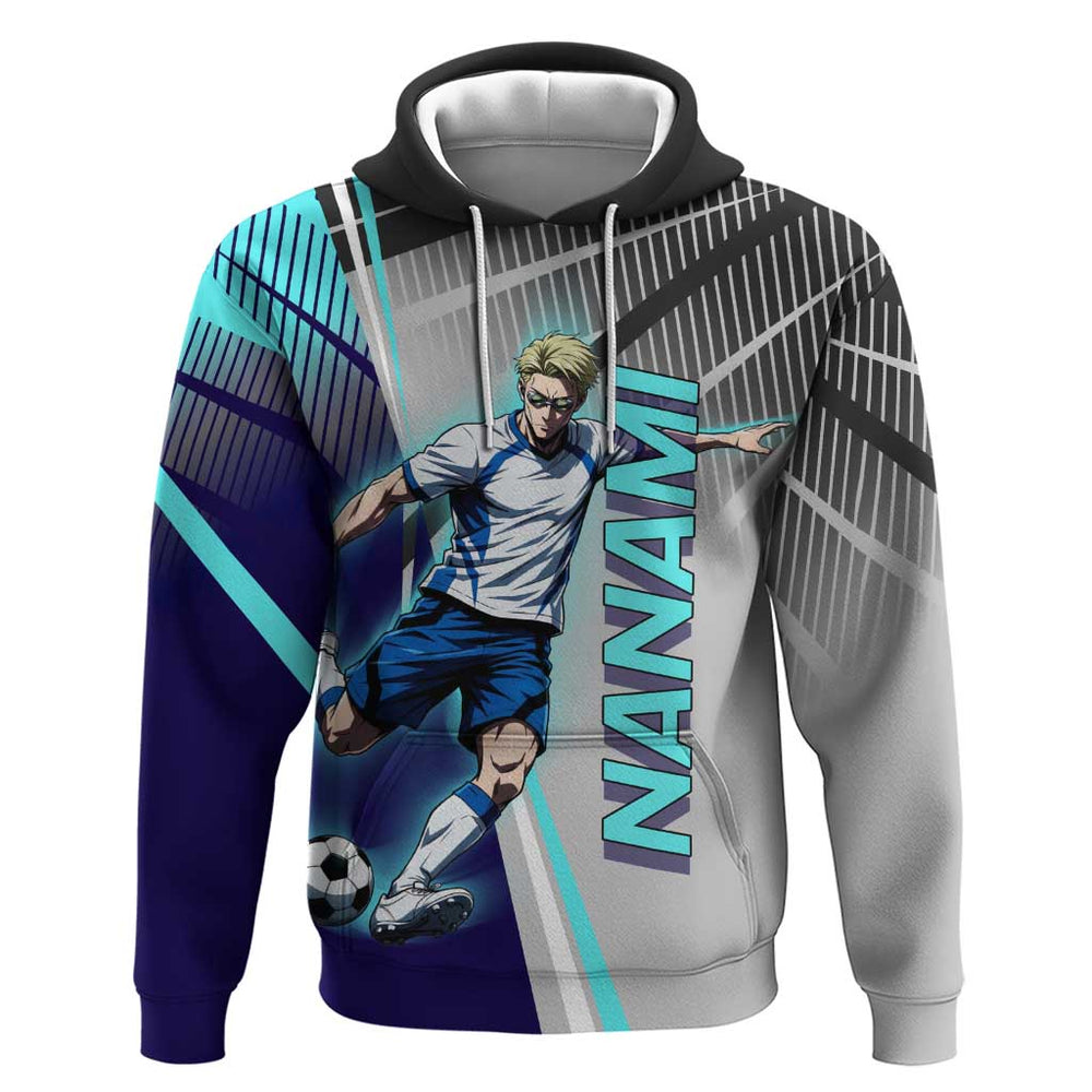 Personalized Nanami Kento Jujutsu Kaisen Hoodie with Teal Highlights and Dynamic Kick Pose Personalized Nanami Kento Jujutsu Kaisen Hoodie with Teal Highlights and Dynamic Kick Pose