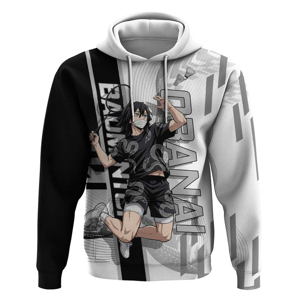 Personalized Obanai Iguro Demon Slayer Badminton Hoodie with Racket Action Pose and Black White Grap Personalized Obanai Iguro Demon Slayer Badminton Hoodie with Racket Action Pose and Black White Grap