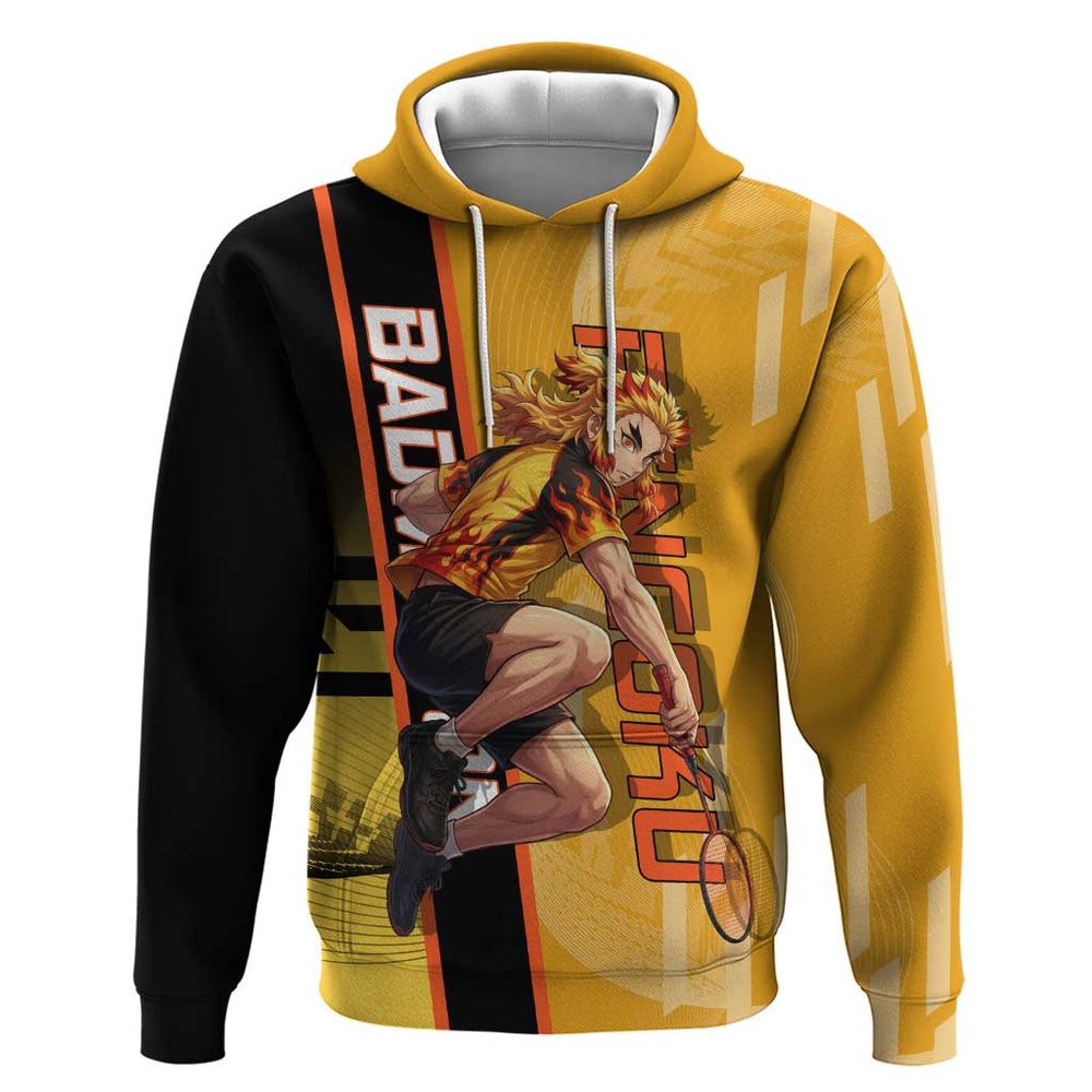 Personalized Rengoku Anime Badminton Theme Hoodie with Racket Action Pose and Fiery Yellow Black Gra Personalized Rengoku Anime Badminton Theme Hoodie with Racket Action Pose and Fiery Yellow Black Gra