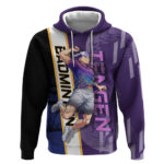Personalized Tengen Uzui Demon Slayer Badminton Hoodie with Racket Action Pose and Purple Black Grap
