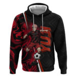 Personalized Yuji Itadori Jujutsu Kaisen Soccer Theme Hoodie with Dynamic Kick Pose and Red Black Fl