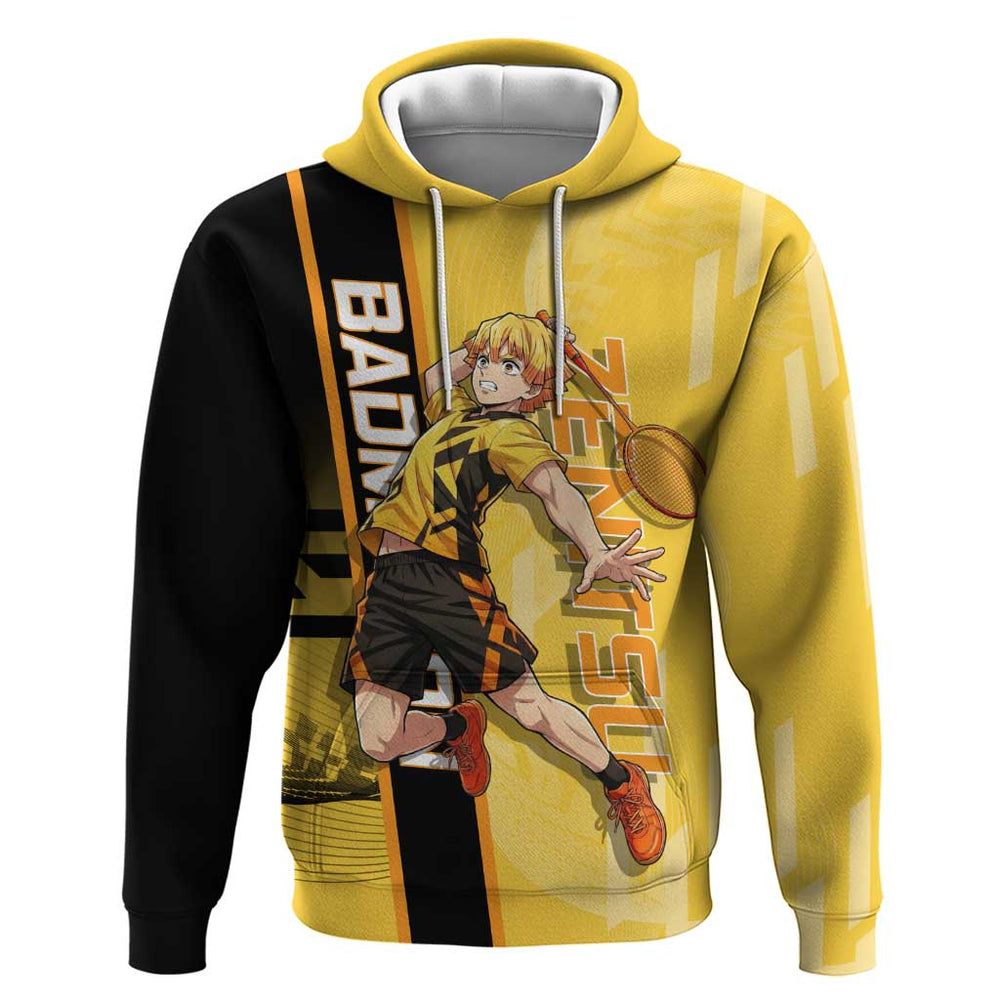 Personalized Zenitsu Agatsuki Demon Slayer Badminton Theme Hoodie with Racket Action Pose and Yellow Personalized Zenitsu Agatsuki Demon Slayer Badminton Theme Hoodie with Racket Action Pose and Yellow
