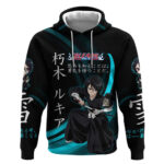 Rukia Kuchiki Bleach Anime Black and Teal Theme Hoodie with Zanpakuto Pose and Japanese Quote Design