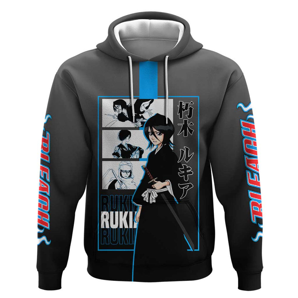 Rukia Kuchiki Bleach Hoodie with Zanpakuto and Elegant Combat Pose Design Rukia Kuchiki Bleach Hoodie with Zanpakuto and Elegant Combat Pose Design