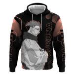 Ryomen Sukuna Jujutsu Kaisen Brown Hexagon Design Hoodie with Cursed Marks and Manga Style Art